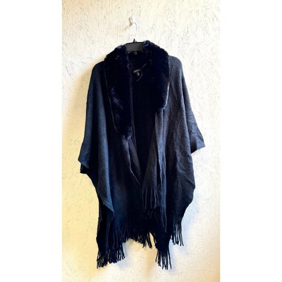 INC Inter. Concepts faux-fur trim fringe open front ruana poncho topper - Black - Picture 3 of 7